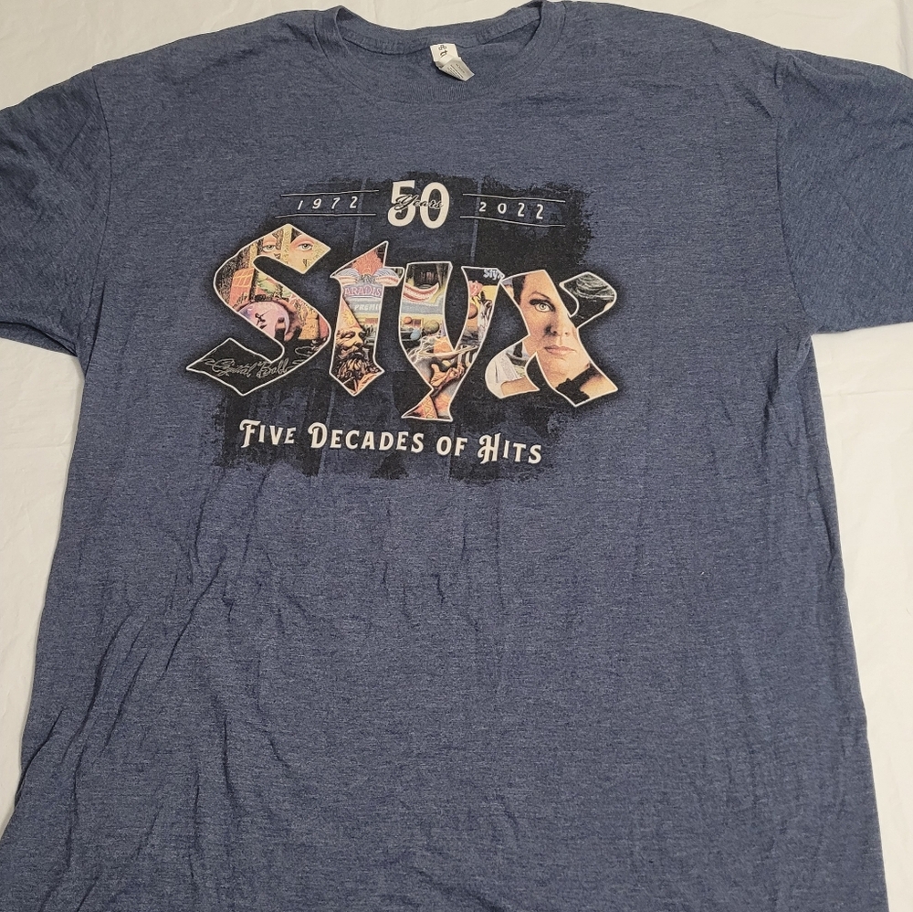 Tultex STYX 5 Decades of Hits  50yrs Concert T-shirt Double Sided Mens XL Blue